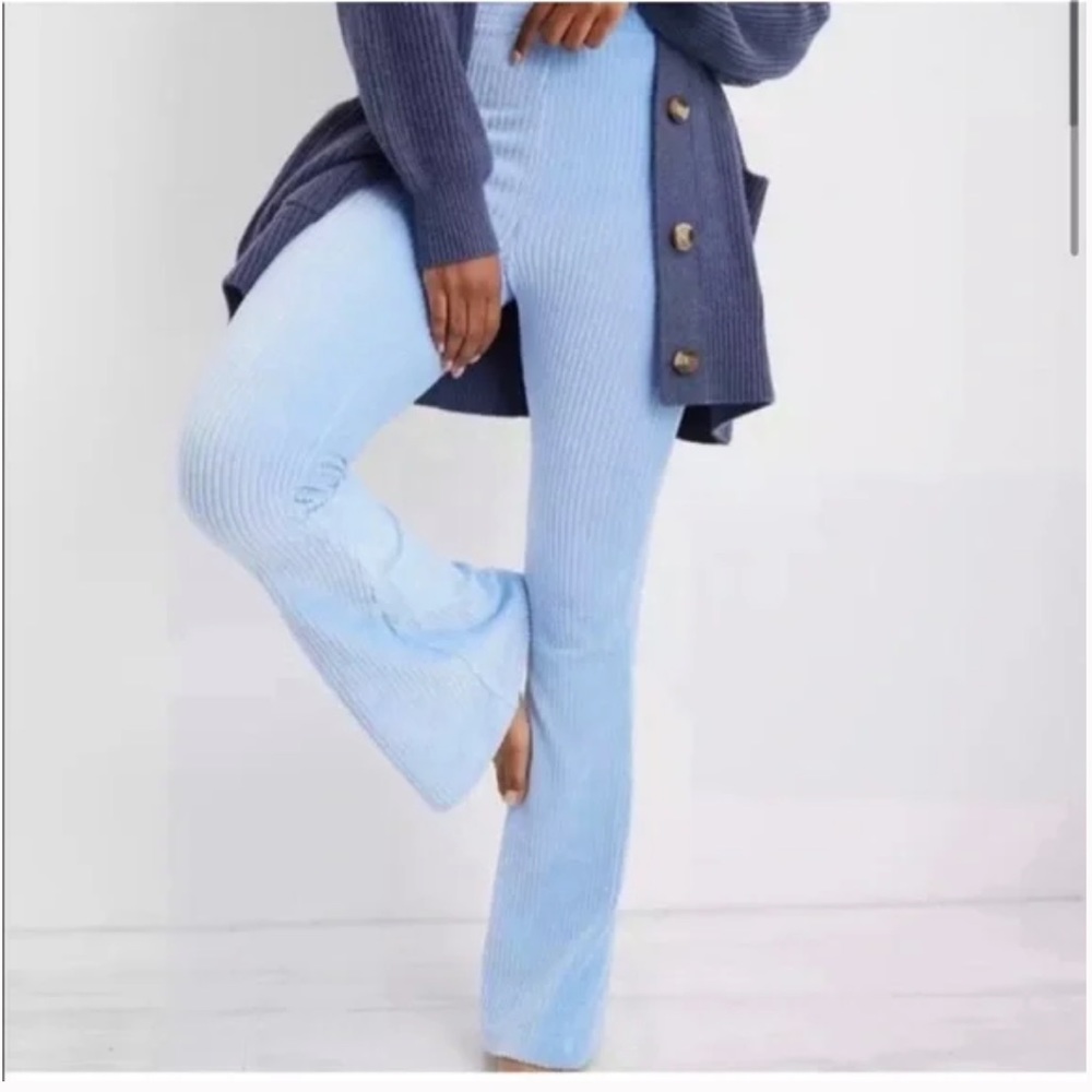 aerie groove-on rib velour flare pant blue medium